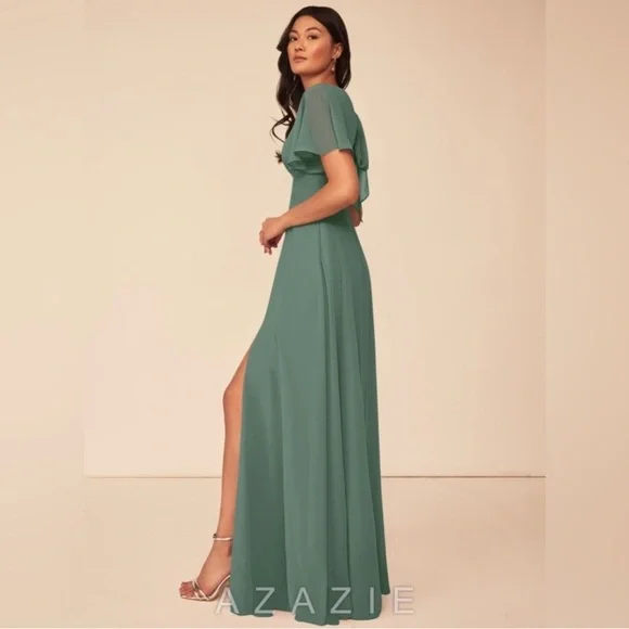 Azazie Sage Green Flutter Sleeve Maxi Gown Size A4 - Picture 3 of 7